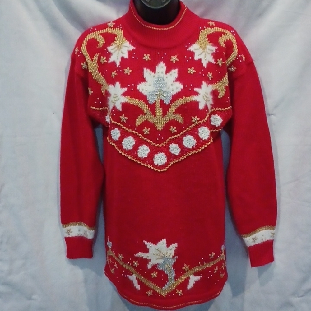 DANA SCOTT Vintage Christmas Sweater, Red, White, Gold, Silver, 30"L, 21" PTP